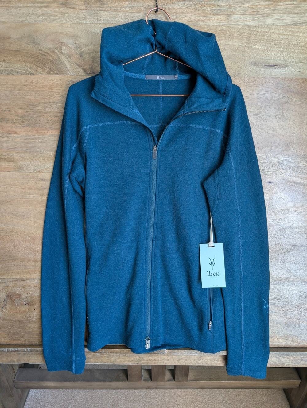NWT IBEX Wool Shak Hoodoo Hoodie Womens M Kingfisher Blue Long Sleeve Full Zip